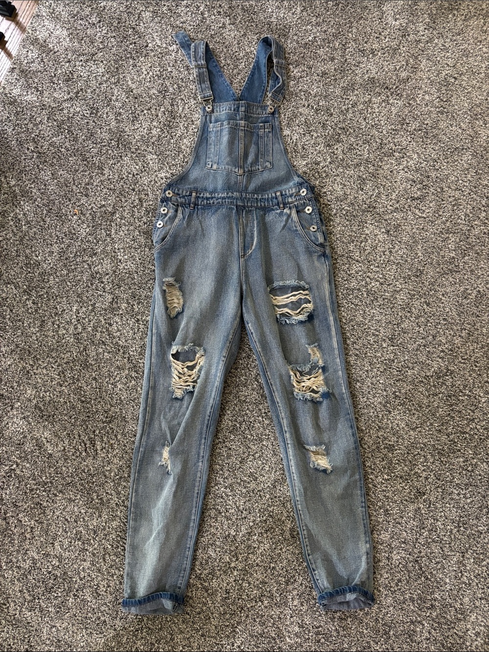Honey Punch Distressed Blue Denim Overalls